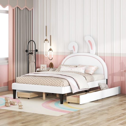 Full Size Upholstered Leather Platform Bed with Rabbit Ornament and 4 Drawers, White