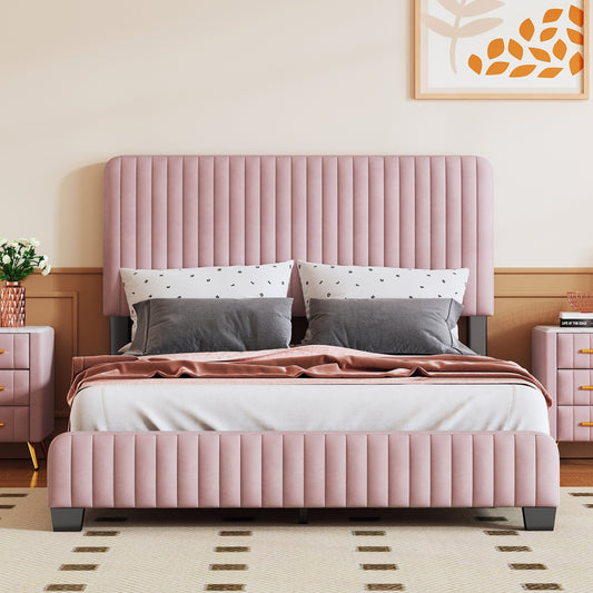 Full Size Upholstered Platform Bed,No Box Spring Needed, Velvet Fabric,Pink