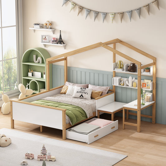 Full Size Wooden House Platform Bed, White and Original Wood Colored Frame with Drawer, Desk and Bookshelf for Children or Guest Room