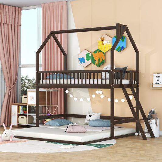 Twin Over Twin-Twin House Bunk Bed with Extending Trundle and Ladder