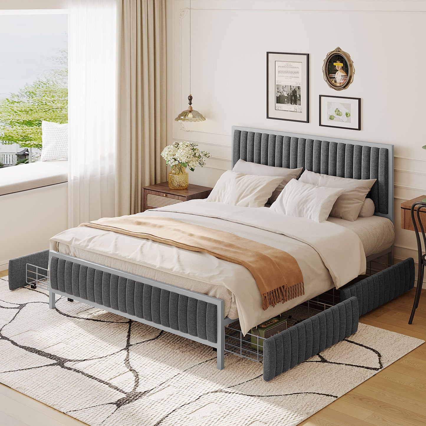 Queen Size Upholstered Platform Bed with 4 Drawers, Linen Fabric, Gray