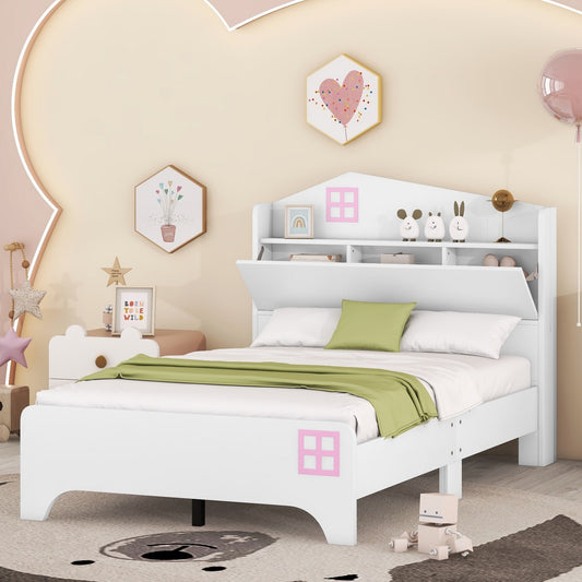 Wooden Twin Size House Platform Bed with Storage Headboard ,Kids Bed with Storage Shelf, White
