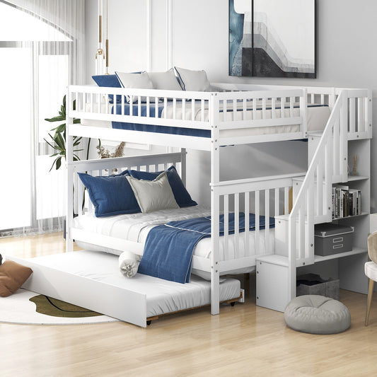 Full over Full Bunk Bed with Trundle and Staircase,White