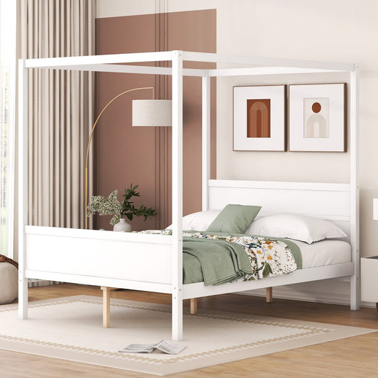 Queen Size Canopy Platform Bed with Headboard and Footboard,Slat Support Leg - White