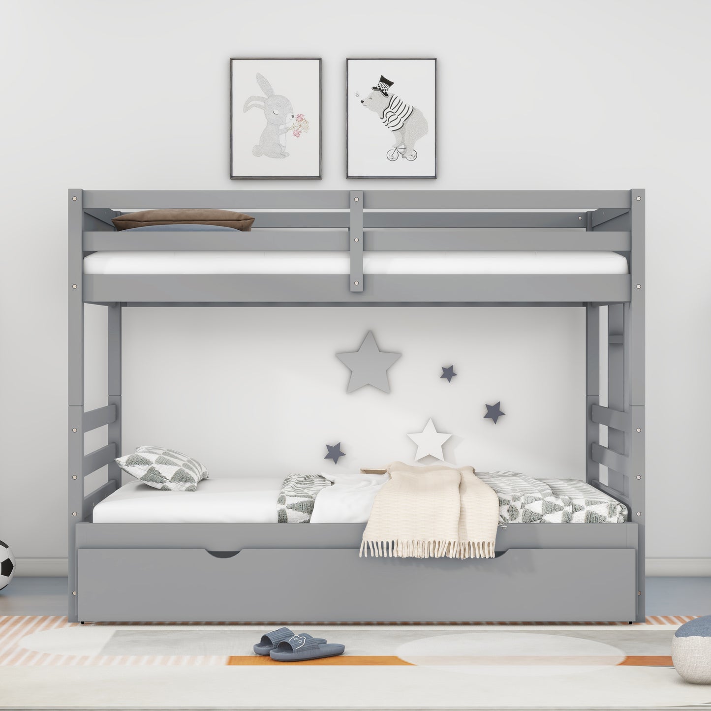Twin over Pull-out Bunk Bed with Trundle, Gray
