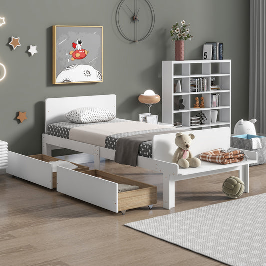 Twin Platform Bed with Footboard Bench, 2 drawers, White