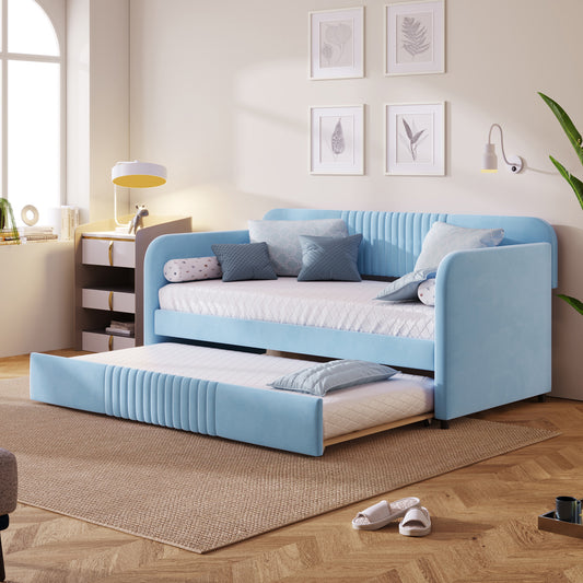 Upholstered Daybed Sofa Bed Twin Size With Trundle Bed and Wood Slat, Light Blue