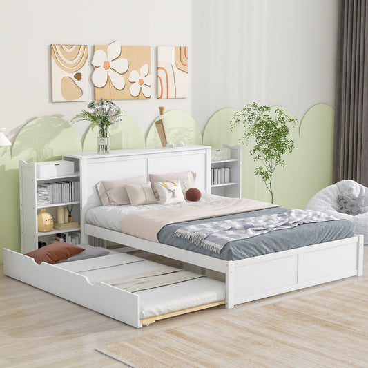 Queen Size Storage Platform Bed with Pull Out Shelves and Twin  XL Size Trundle, White