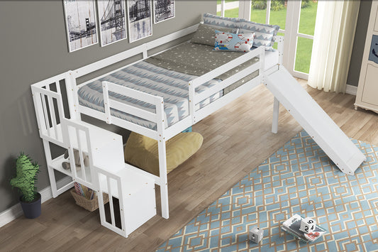Loft Bed with Staircase, Storage, Slide, Twin size, Full-length Safety Guardrails, No Box Spring Needed, White