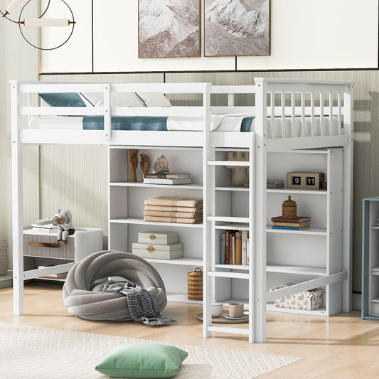 Twin Size Loft Bed with 8 Open Storage Shelves and Built-in Ladder, White