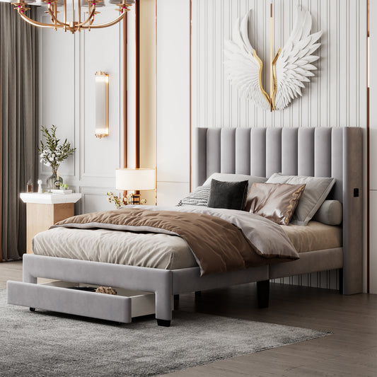 Full Size Storage Bed Velvet Upholstered Platform Bed with a Big Drawer - Gray