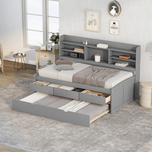 Twin Size Wooden Captain Platform Bed with Built-in Bookshelves,Three Storage Drawers and Trundle, Light Grey