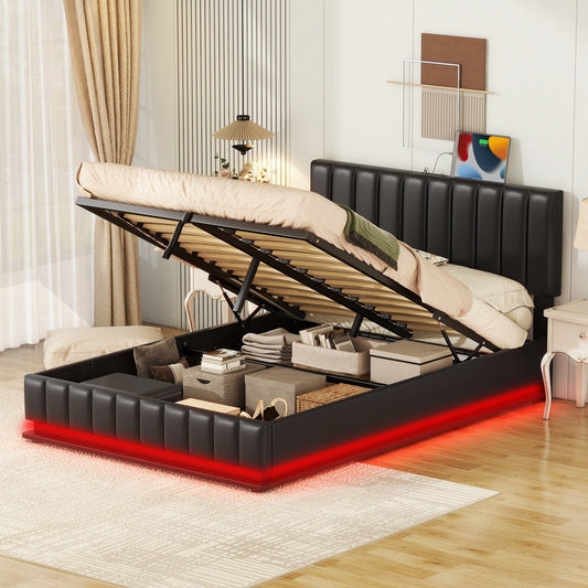 Full Size Upholstered Bed with Hydraulic Storage System and LED Light, Modern Platform Bed with Sockets and USB Ports, Black