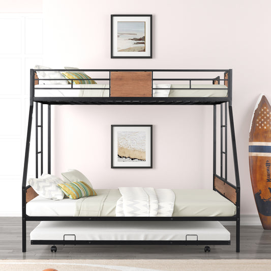 Metal Twin over Full Bunk Bed with Trundle/ Heavy-duty Sturdy Metal/ Noise Reduced/ Safety Guardrail/ Wooden Decoration/ Convenient Trundle / Bunk Bed for Three/ CPC Certified/ No Box Spring Needed