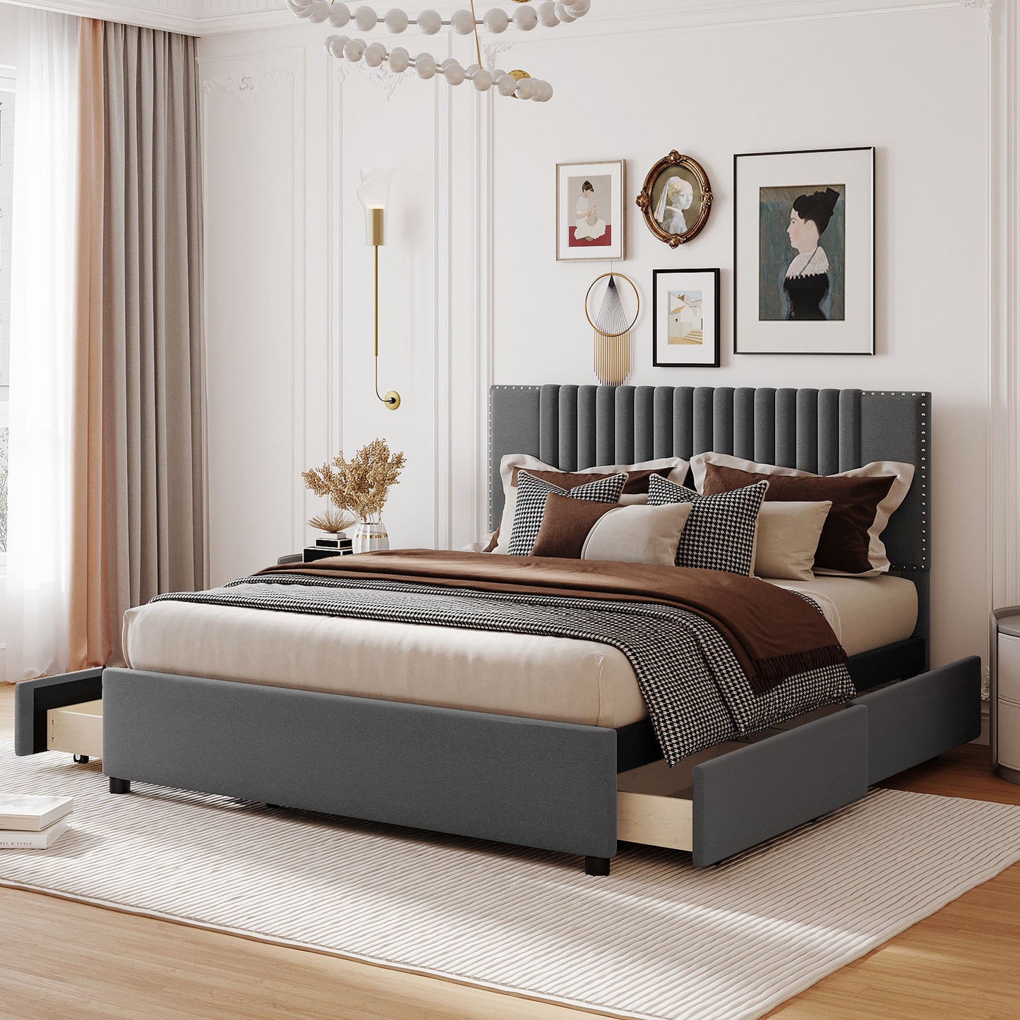 Queen Size Upholstered Platform Bed with Classic Headboard and 4 Drawers, Linen Fabric, Gray