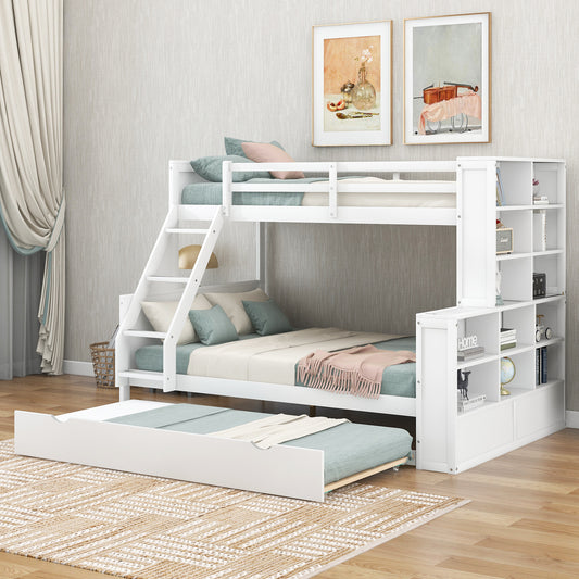 Twin over Full Bunk Bed with Trundle and Shelves, can be Separated into Three Separate Platform Beds, White