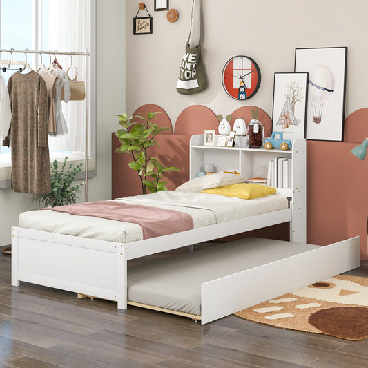 Twin Platform Bed with Trundle, Bookcase, White