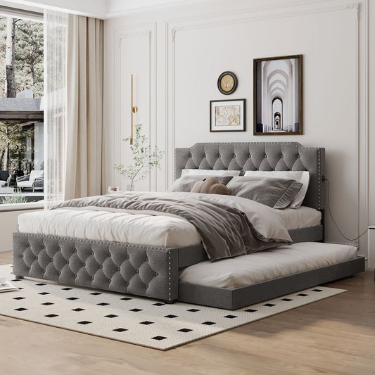 Queen Size Upholstered Platform Bed with Twin Size Trundle and 2 sets of USB Ports on each side, Linen Fabric, Gray