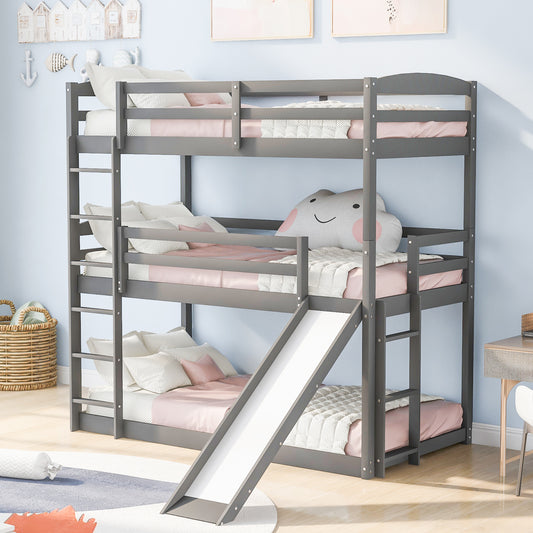 Twin over Twin over Twin Adjustable Triple Bunk Bed with Ladder and Slide,Gray