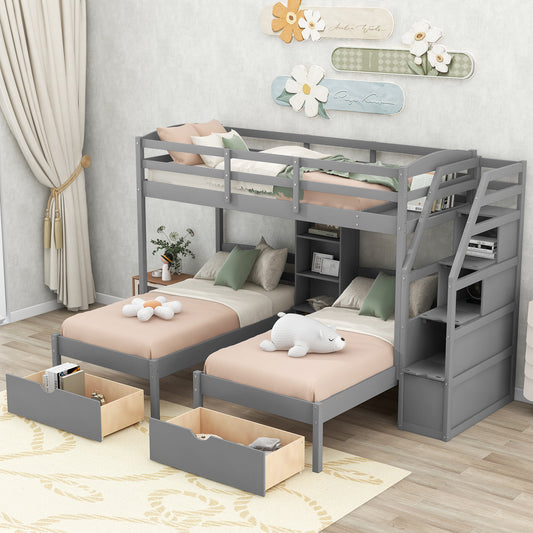 Twin over Twin&Twin Bunk Bed, Triple Bunk Bed with Drawers, Staircase with Storage, Built-in Shelves, Gray