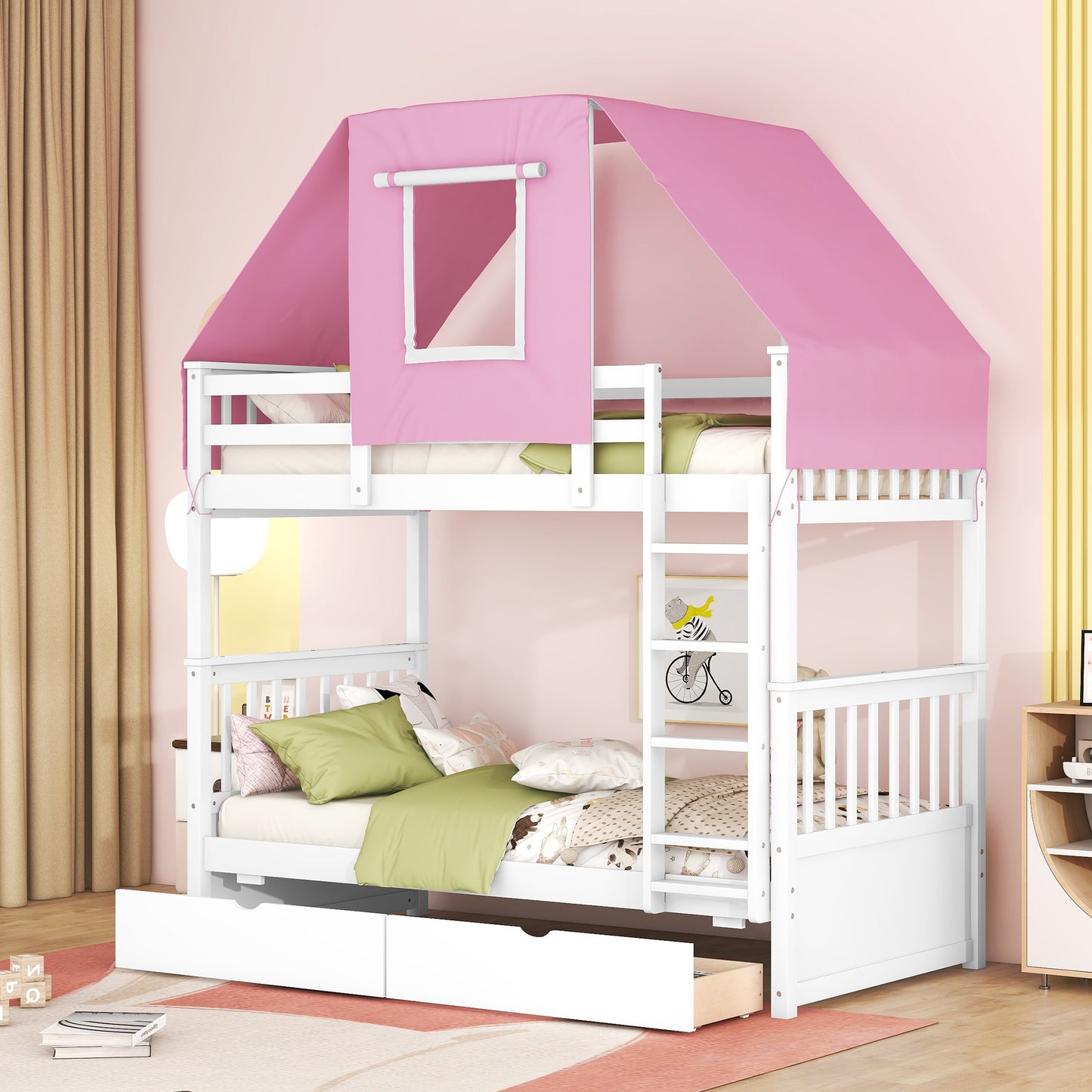 Twin Over Twin Bunk Bed Wood Bed with Tent and Drawers, White+Pink Tent