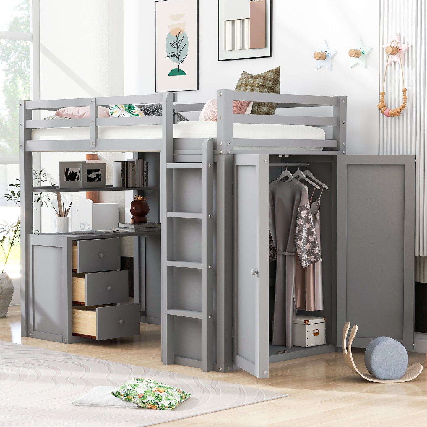 Twin size Loft Bed with Drawers,Desk,and Wardrobe-Gray