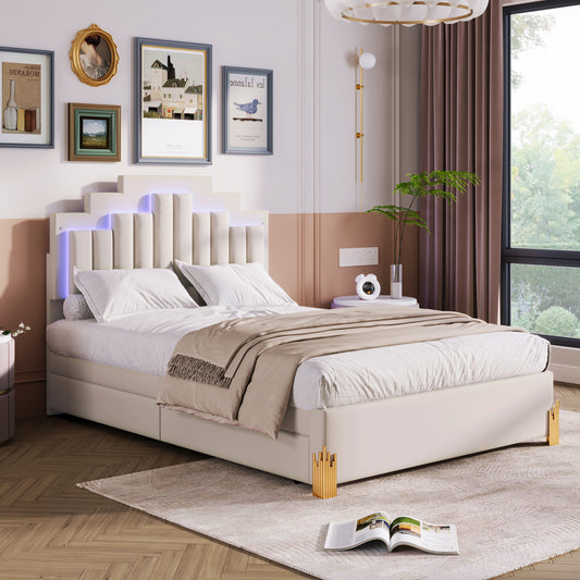 Full Size Upholstered Platform Bed with LED Lights and 4 Drawers, Stylish Irregular Metal Bed Legs Design, Beige