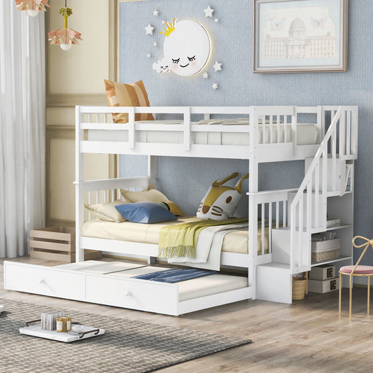 Stairway Twin-Over-Twin Bunk Bed with Twin size Trundle for Bedroom, Dorm, Adults, White