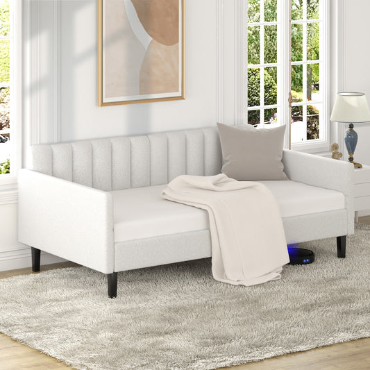 Elena Twin Size Cream Ivory Boucle Upholstered Daybed, Ribbed Tufted Backrest, Daybed in Lavish Modern Design. Richly Foam hued and Super Comfort.