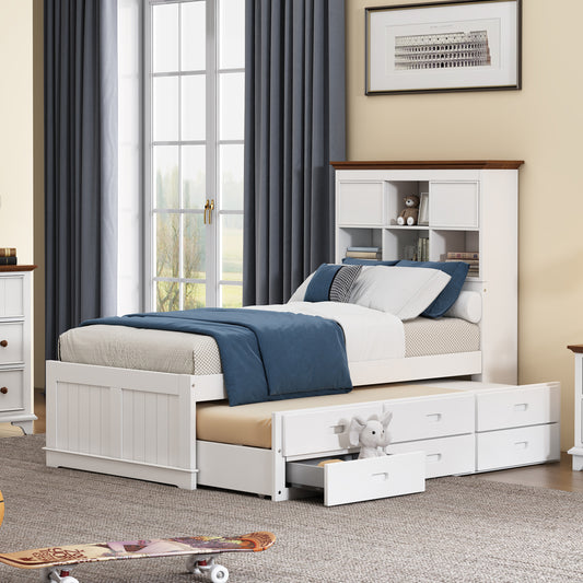 Solid Pine Captain Bookcase Platform Bed with Trundle Bed and 3 Spacious Under Bed Drawers in Casual,Twin, White+Walnut