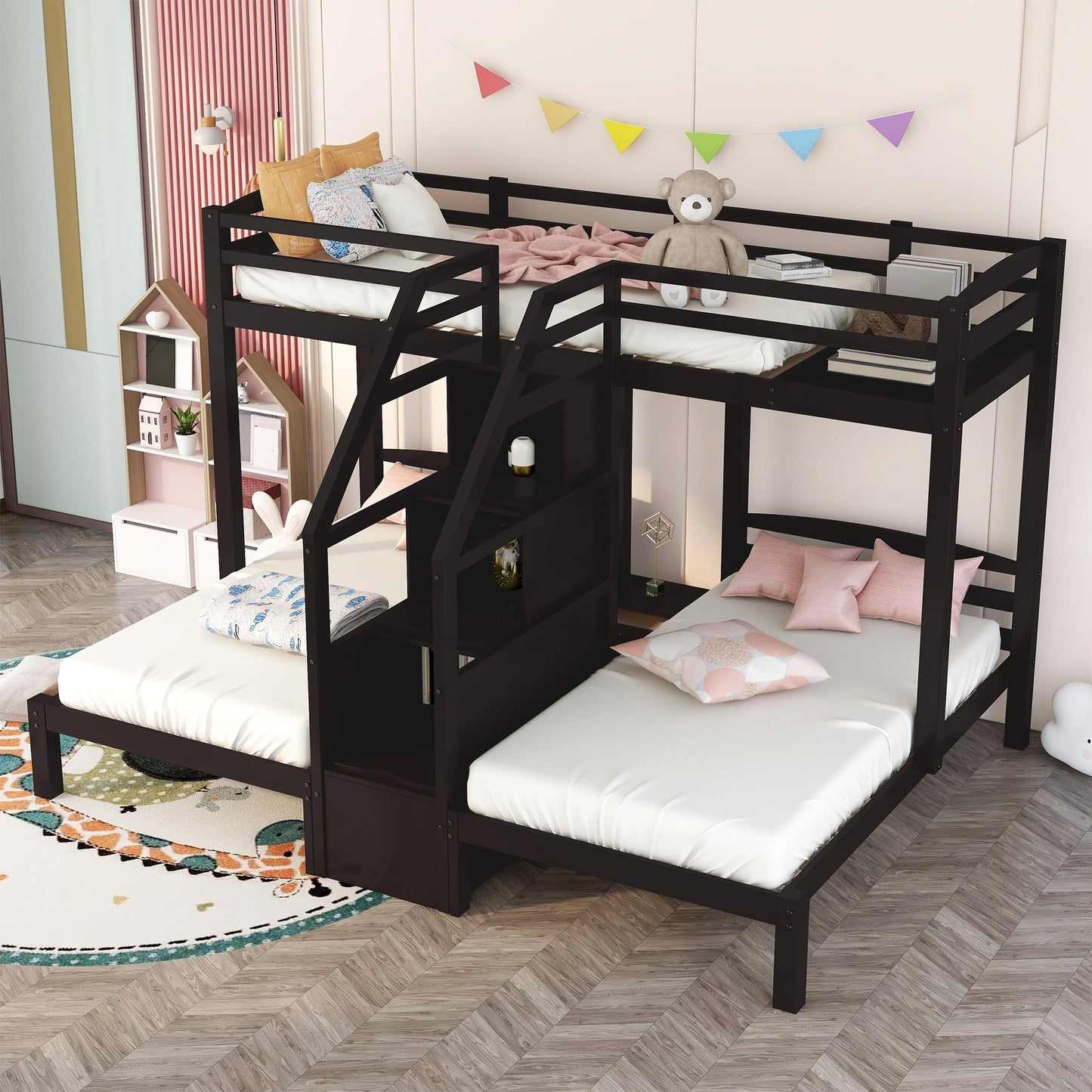 Twin over Twin & Twin Bunk Bed with Built-in Staircase and Storage Drawer,Espresso