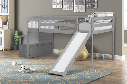 Loft Bed with Staircase, Storage, Slide, Twin size, Full-length Safety Guardrails, No Box Spring Needed, Grey