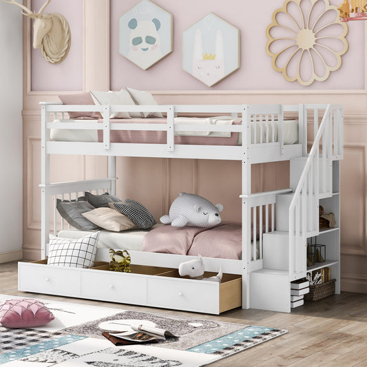 Stairway Twin-Over-Twin Bunk Bed with Three Drawers for Bedroom, Dorm - White