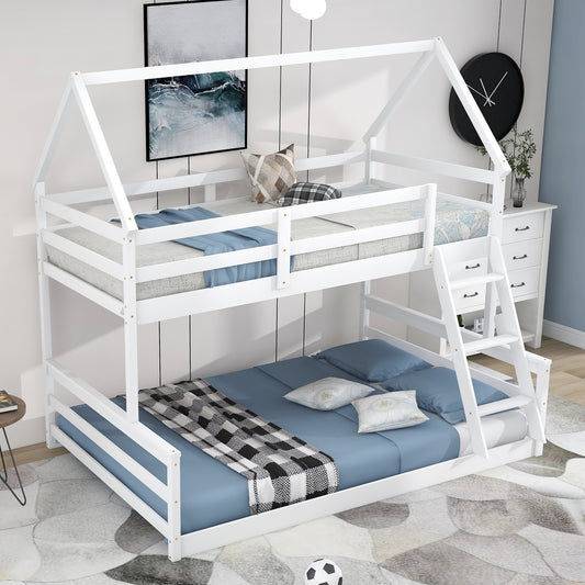 Twin over Full House Bunk Bed with Built-in Ladder,White