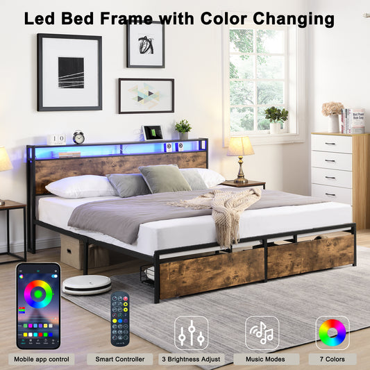 King Platform Bed Frame, Storage Headboard with Charging Station, Solid and Stable, Noise Free, No Box Spring Needed, Easy Assembly