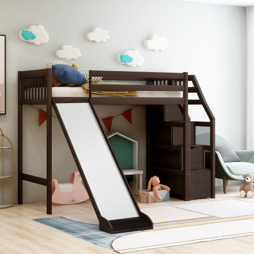 Twin Espresso Pinewood Loft Bed with Slide, Staircase and Storage