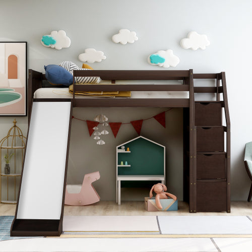 Twin Espresso Pinewood Loft Bed with Slide, Staircase and Storage