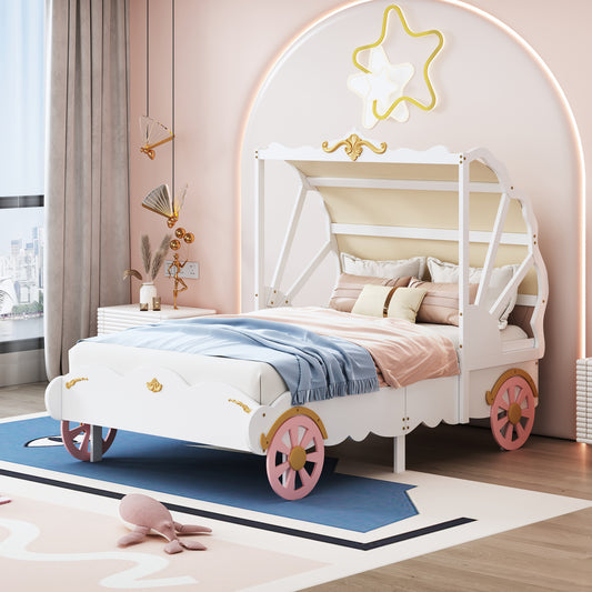 Twin Size Princess Carriage Bed with Canopy, Wood Platform Car Bed with 3D Carving Pattern, White+Pink+Gold