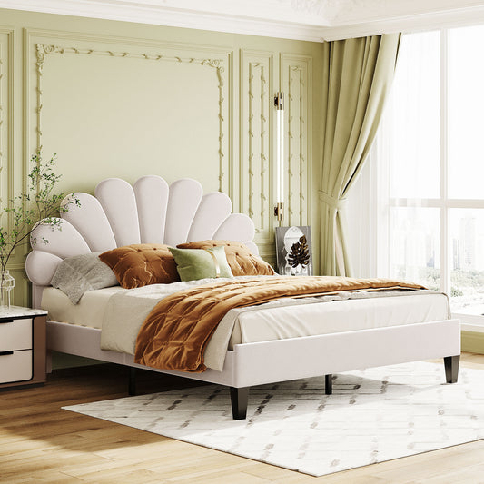 Queen Size Upholstered Platform Bed with Flower Pattern Velvet Headboard, Beige