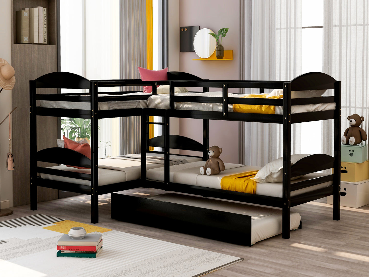 Twin L-Shaped Bunk bed with Trundle-Espresso