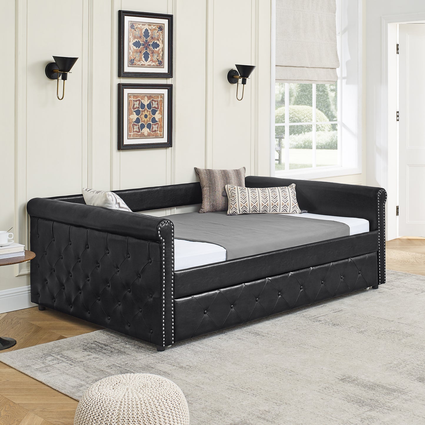 Daybed with Trundle Upholstered Tufted Sofa Bed, with Button and Copper Nail on Arms,Full Daybed & Twin Trundle, PU Black(85.5"x57"x30.5")