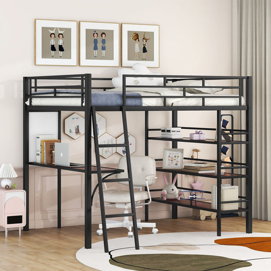 Full Size Loft Metal Bed with 3 Layers of Shelves and Desk, Stylish Metal Frame Bed with Whiteboard, Black