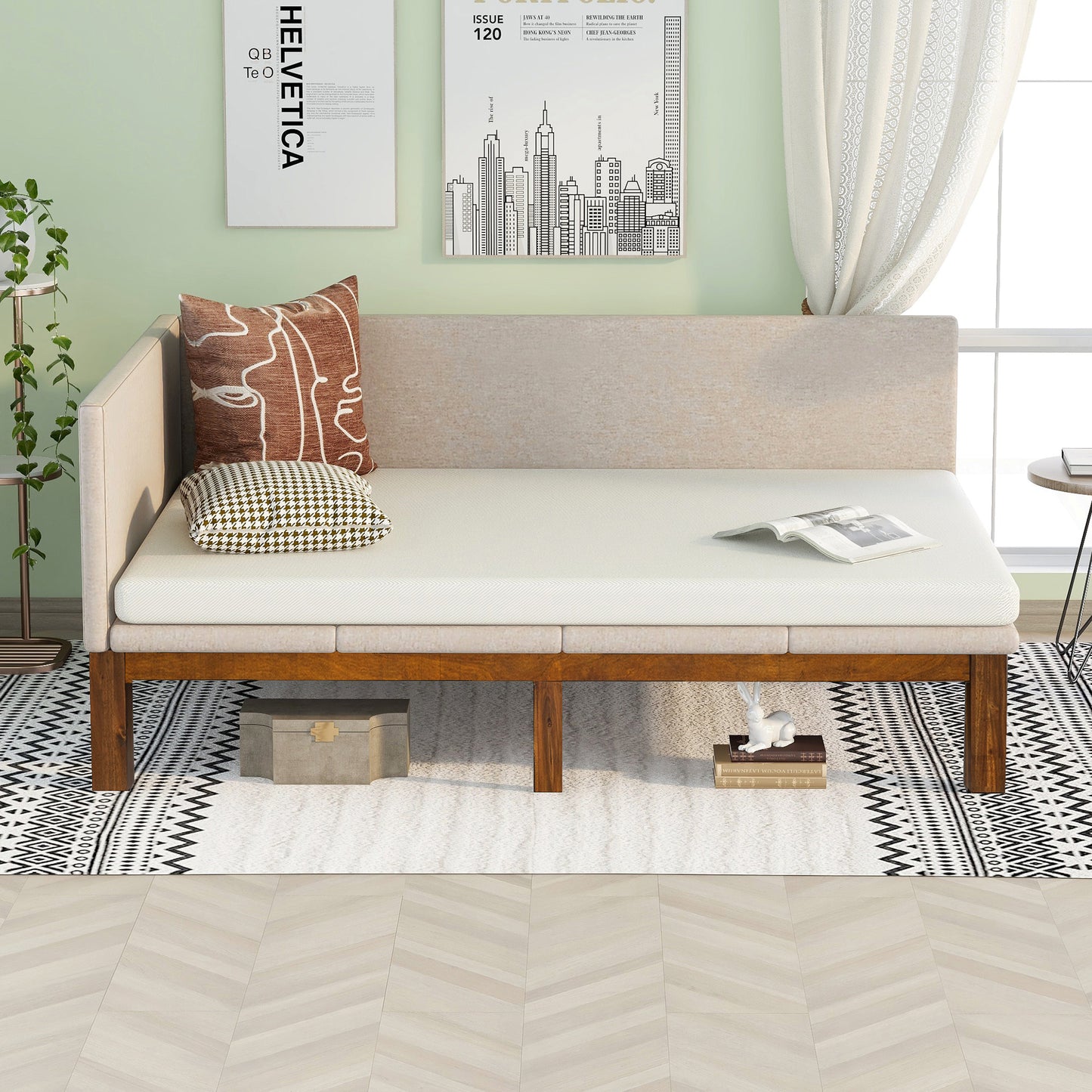 Upholstered Daybed/Sofa Bed Frame Full Size Linen-Beige