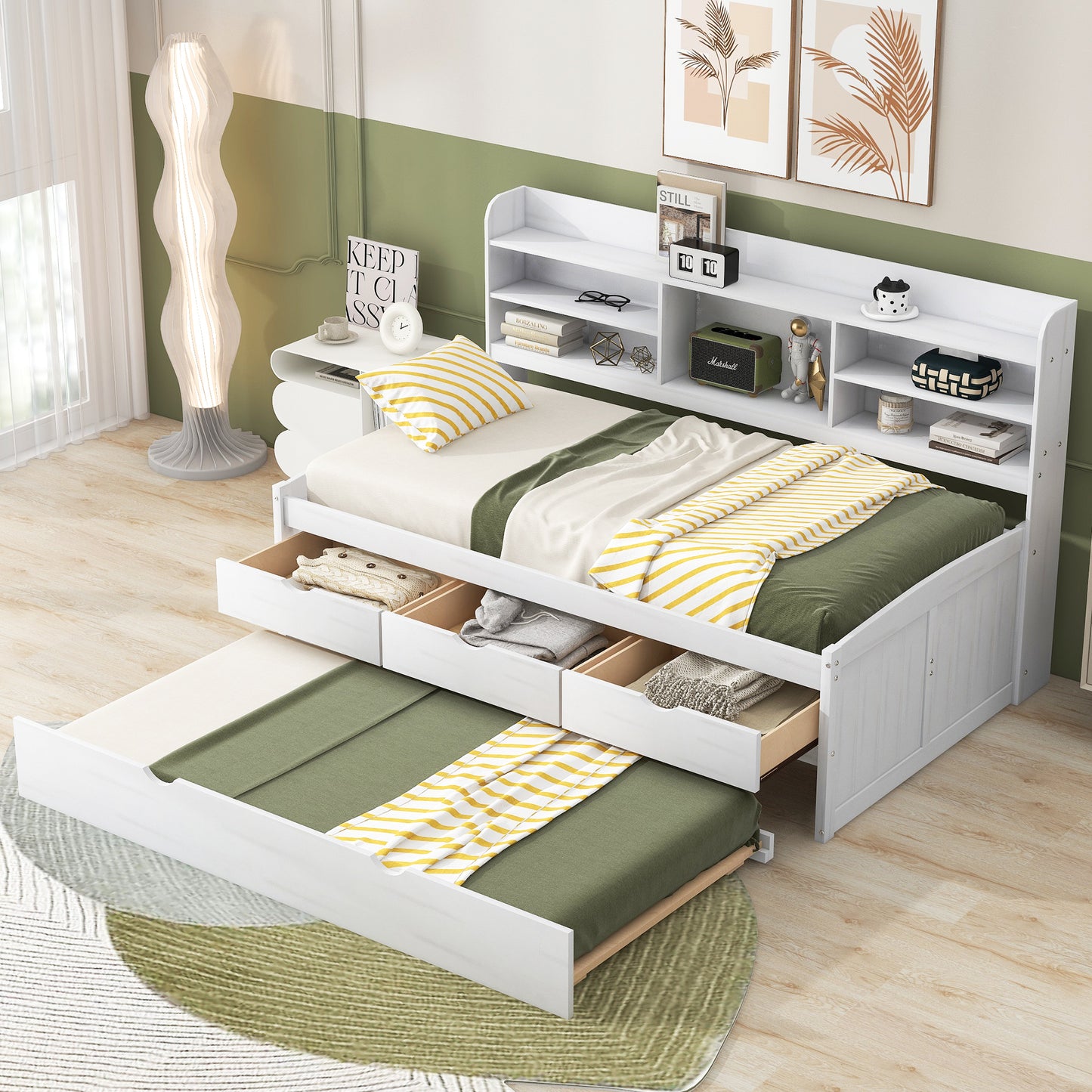Twin Size Wooden Captain Platform Bed with Built-in Bookshelves, 3 Storage Drawers and Trundle, White Wash