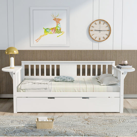 Twin Wooden Daybed with Trundle Bed  , Sofa Bed for Bedroom Living Room, White
