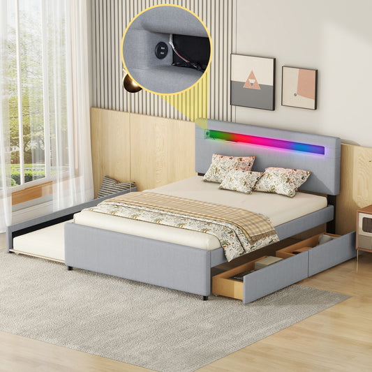 Queen Size Upholstered Storage Platform Bed with Twin Size Trundle, 2 Drawers, LED and USB Charging, Gray