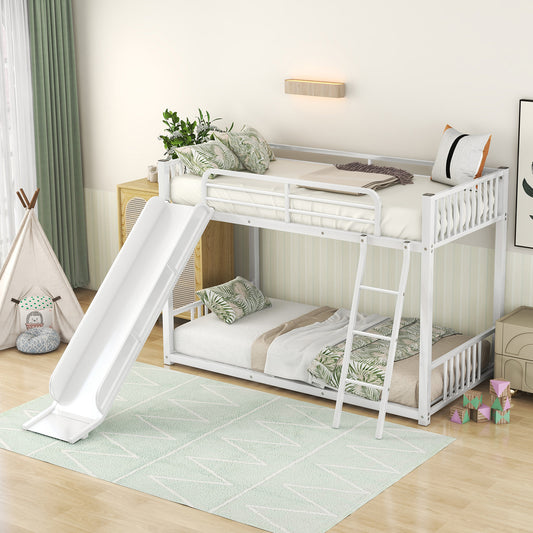Metal Bunk Bed with Slide, Twin over Twin, White