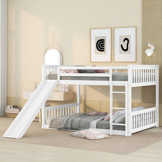 Full over Full Bunk Bed with Slide and Ladder in White Color