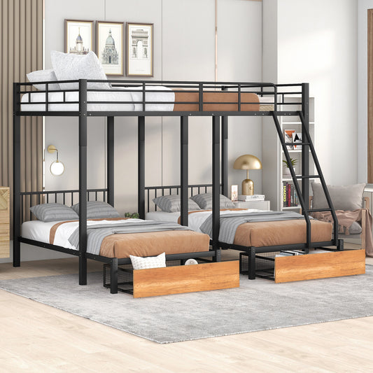 Full Over Twin & Twin Bunk Bed, Metal Triple Bunk Bed with Drawers and Guardrails, Black