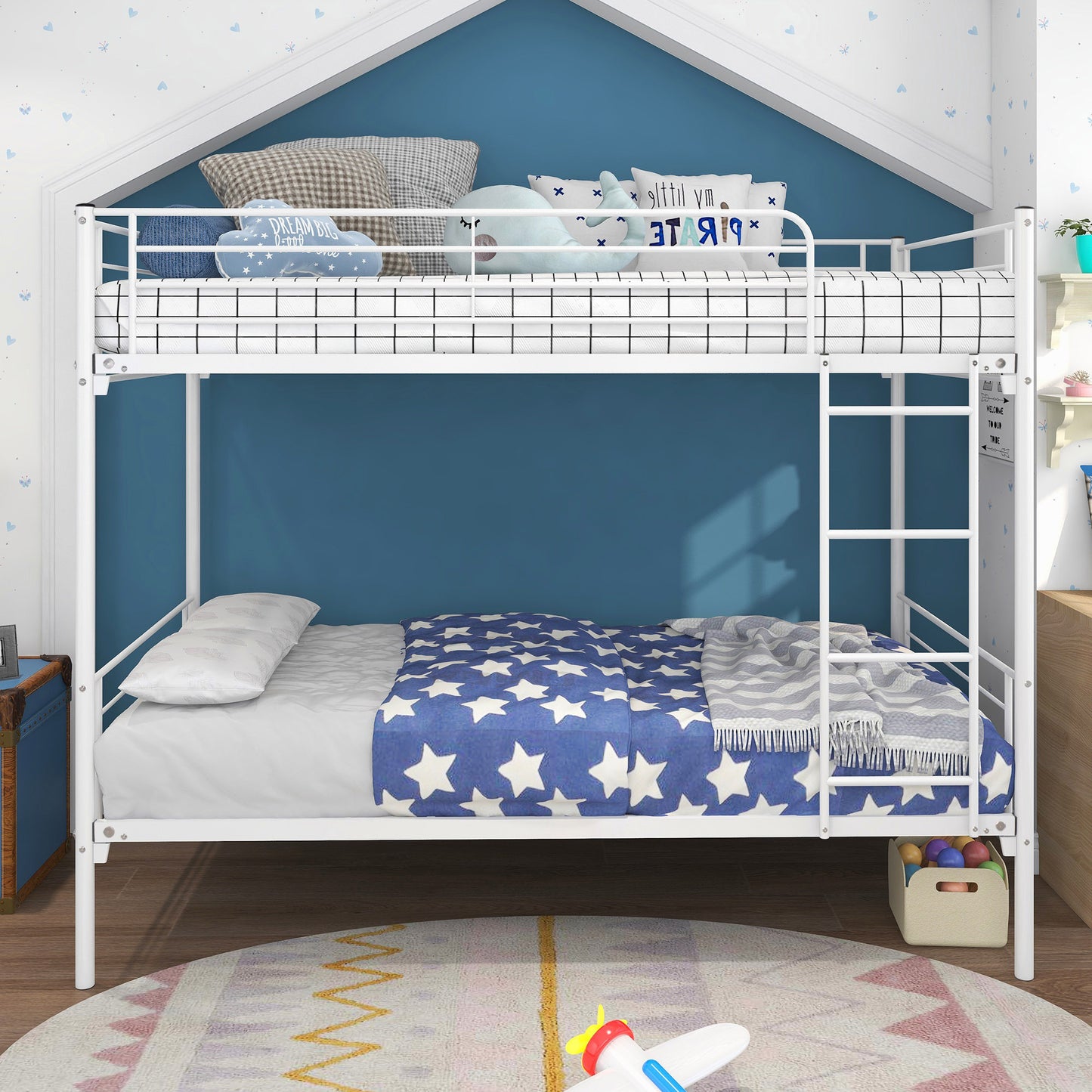 Twin-Over-Twin Bunk Bed with Metal Frame and Ladder, Space-Saving Design,White